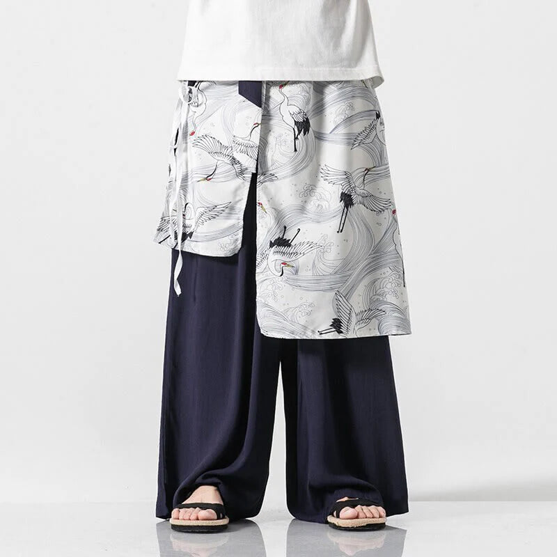 Buddha Stones Summer Flying Crane Design Cotton Men's Wide Leg Pants With Pockets