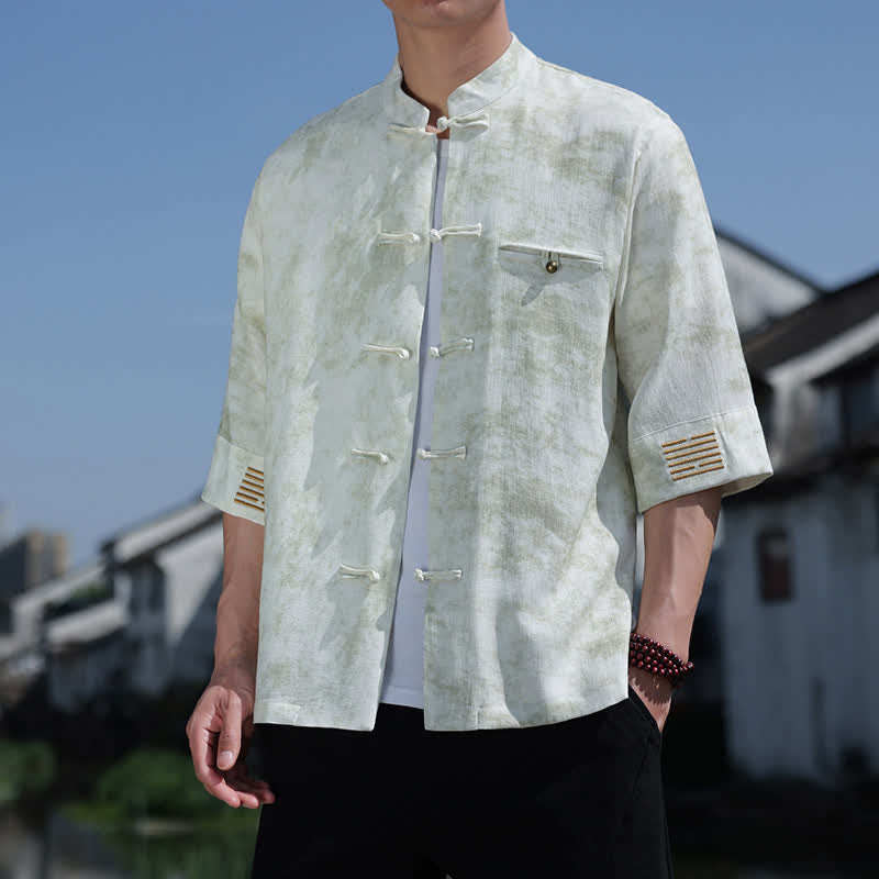 Buddha Stones Frog-Button Mottled Pattern Embroidery Short Sleeve Tang Suit Men's Linen Shirt