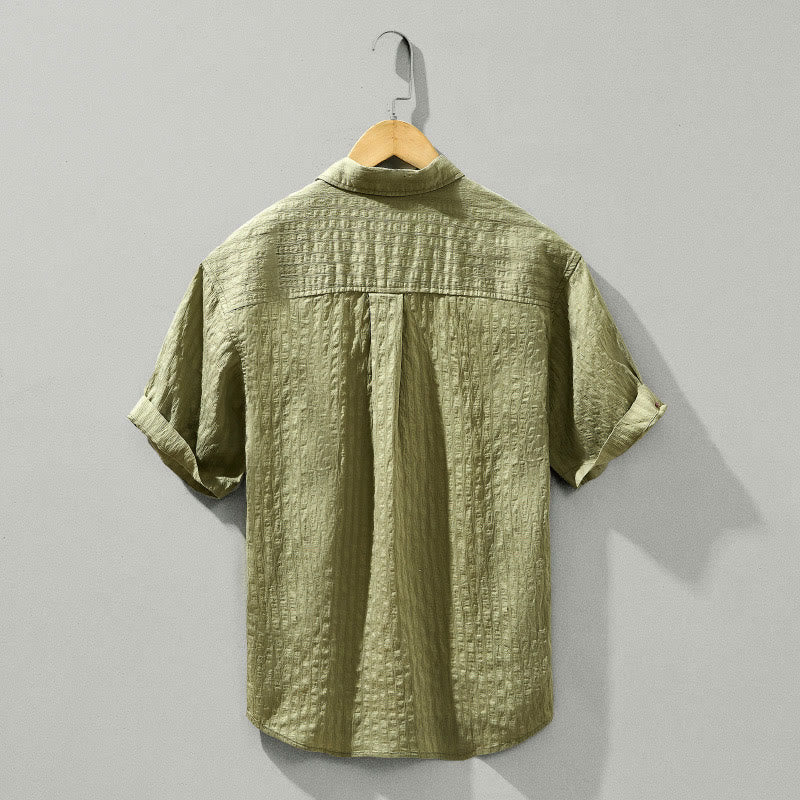 Buddha Stones Summer Solid Breathable Men's Buttons Short Sleeve Tencel Shirt