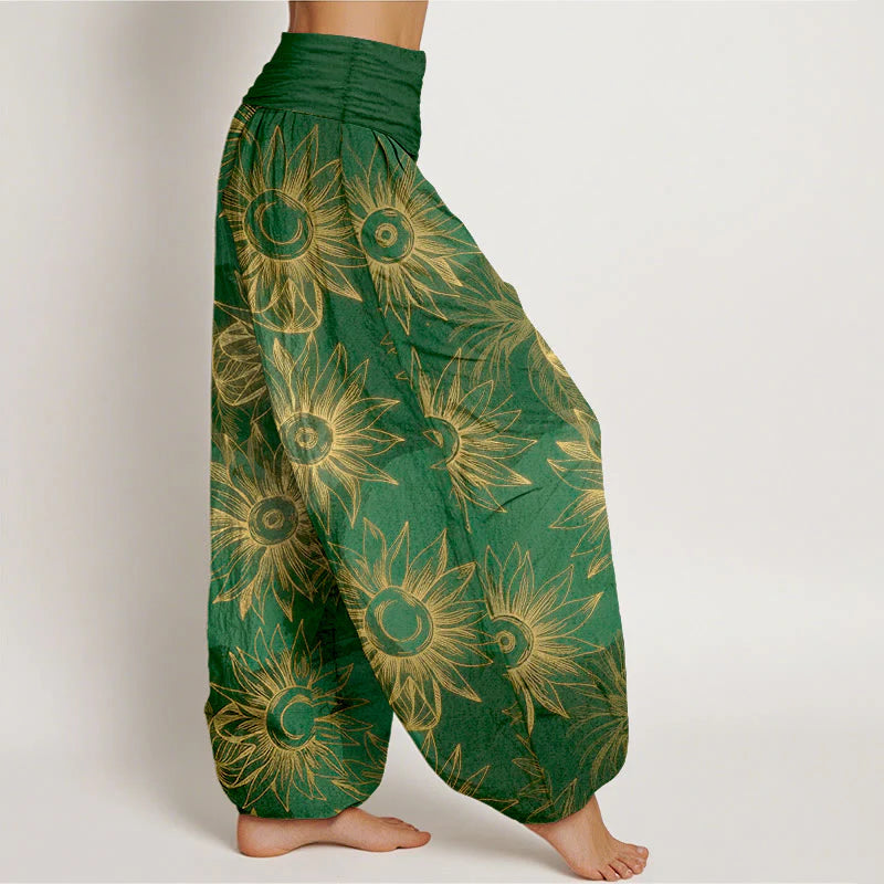 Buddha Stones Cotton Retro Print Flower Pattern Women's Elastic Waist Harem Pants