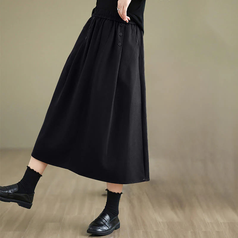 Buddha Stones Women's Winter Pure Color Cotton 7-8 Length Elastic Waistband Skirt With Pockets