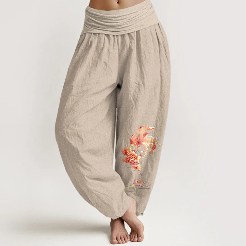 Buddha Stones Cotton Luck Koi Fish Lotus Pattern Women's Elastic Waist Harem Pants