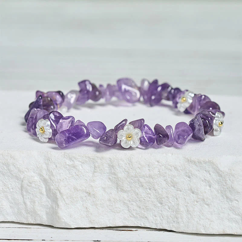 Buddha Stones Irregular Crystal Flower Design Amethyst White Crystal Balance Bracelet