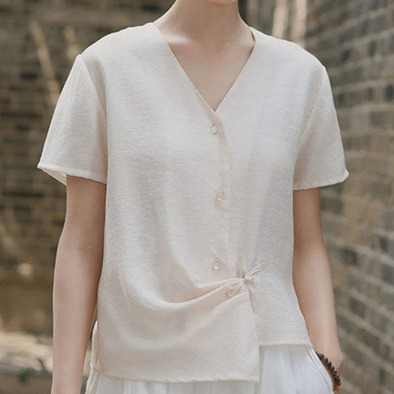 Buddha Stones Button Irregular Design V-Neck Cotton Linen Women's Short Sleeve Shirt