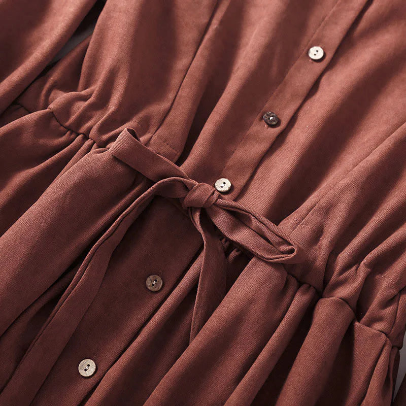 Buddha Stones Fall Solid Color Buttons Down Lace-up Design Long Sleeve Midi Dress With Pockets