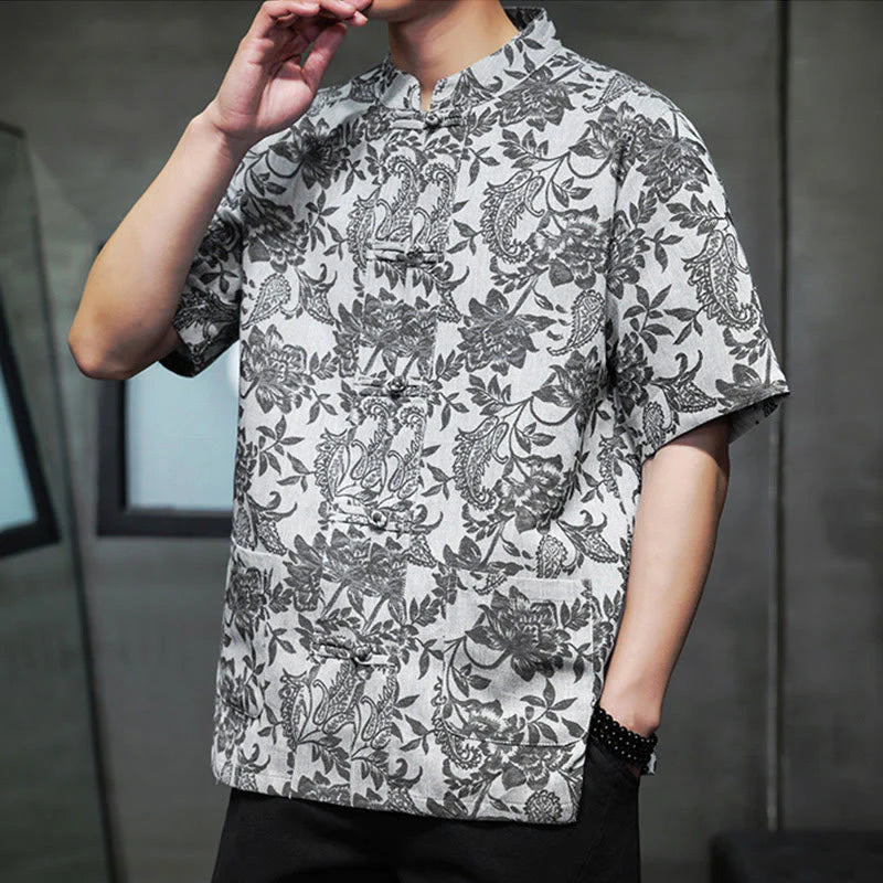 Buddha Stones Casual Jacquard Paisley Flower Plant Pattern Frog-Button Design Men's Cotton Shirt Cardigan With Pockets