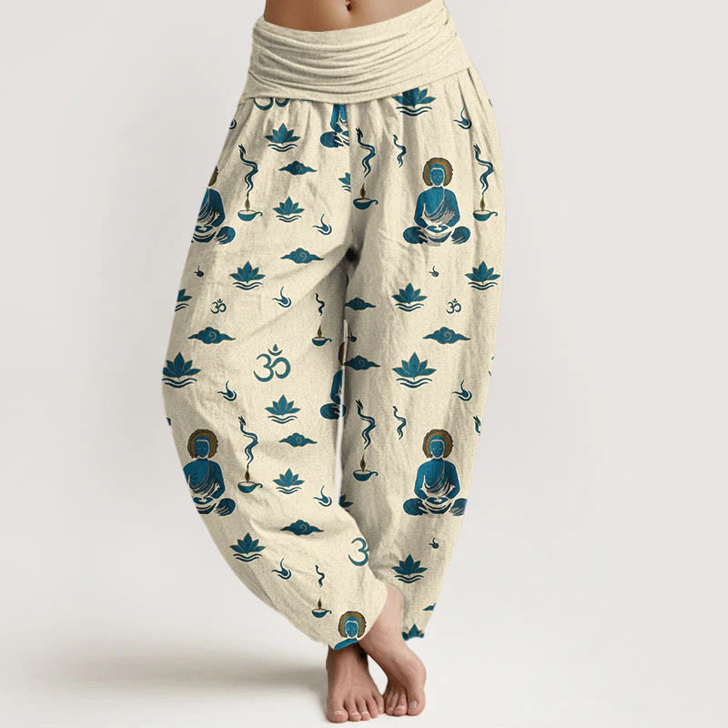 Buddha Stones Cotton Om Symbol Lotus Cloud Buddha Pattern Women's Elastic Waist Harem Pants