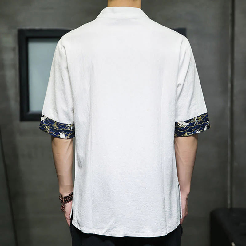 Buddha Stones Solid Color Frog-Button Stand Collar Men's Short Sleeve White Crane Cotton Shirt