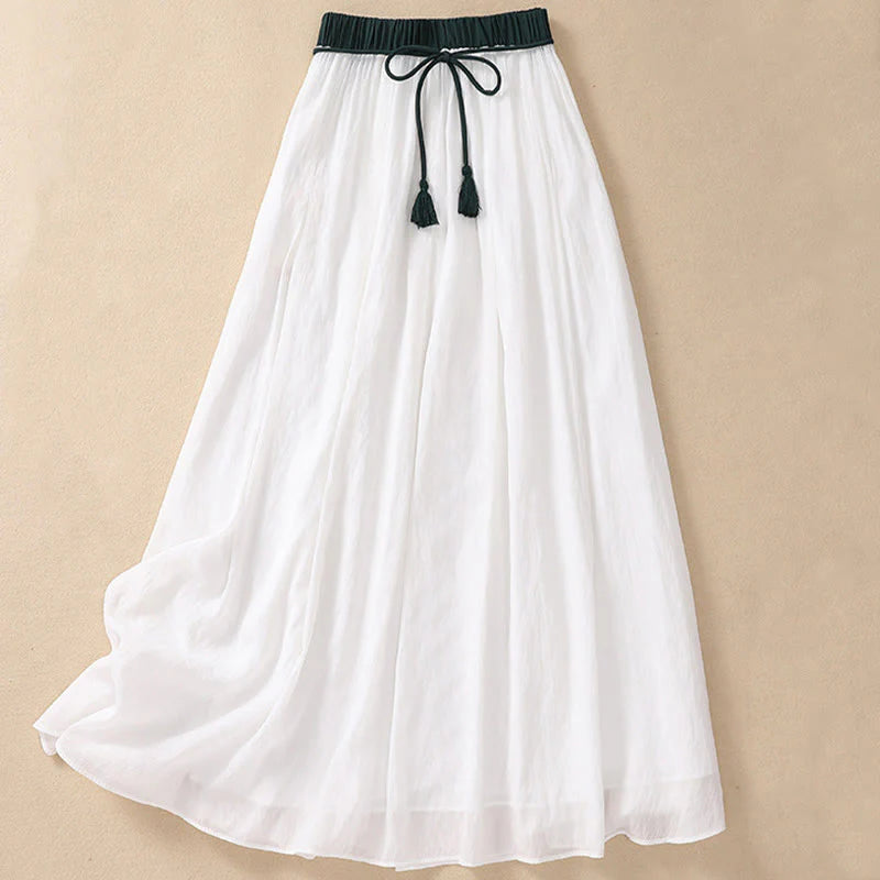 Buddha Stones Casual Contrasting Color Pleated Lace-Up Design Women's Cotton Linen 7-8 Length Skirt