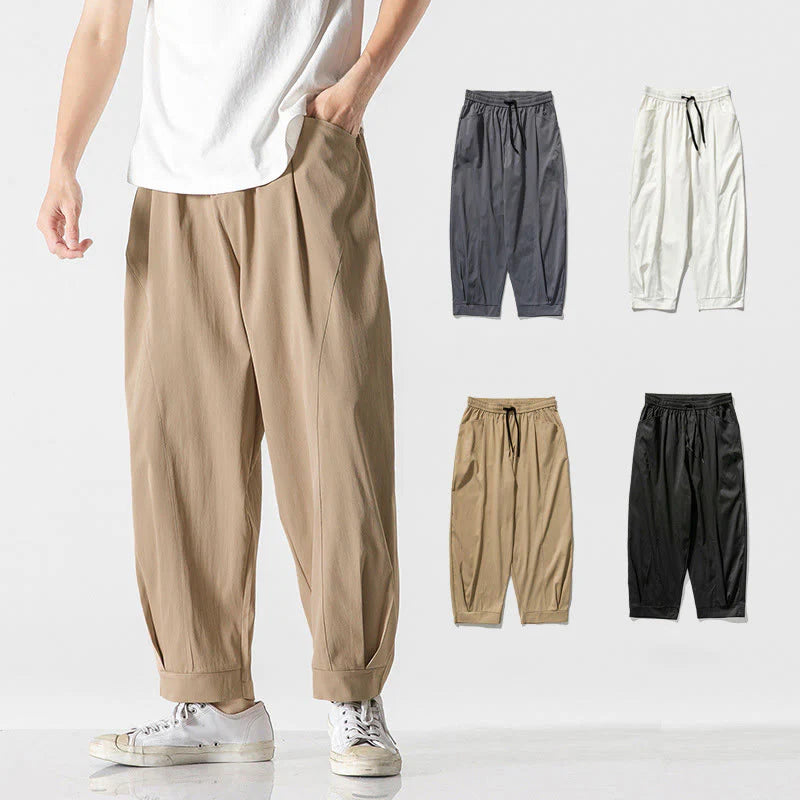 Buddha Stones Summer Solid Drawstring Ankle-Length Men's Cargo Harem Pants With Pockets