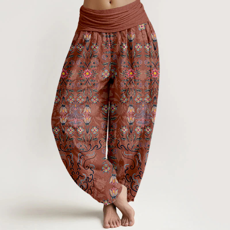 Buddha Stones Pure Cotton Blooming Multicolored Floral Women's Elastic Waist Harem Pants