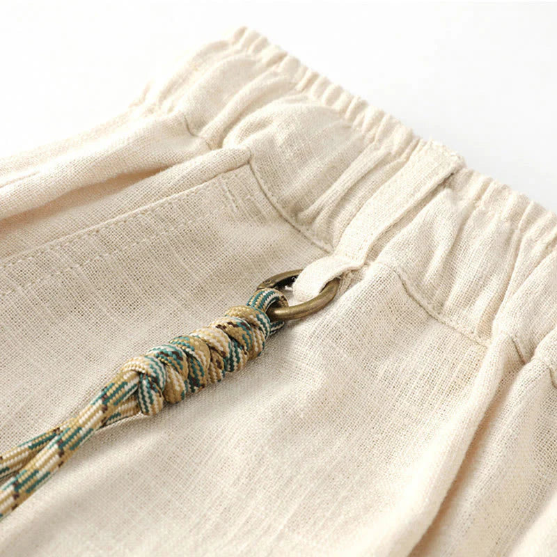 Buddha Stones Summer Ramie Linen Cotton Ankle-Length Elastic Cuffs Tapered Men's Pants With Pockets
