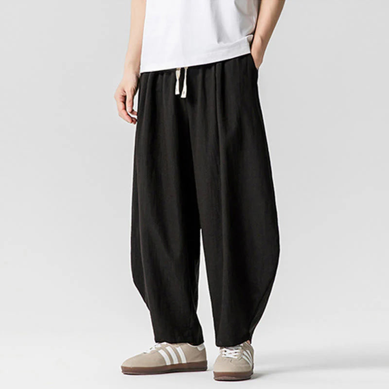 Buddha Stones Summer Pure Color Drawstring Men's Cotton Ankle-Length Pants With Pockets