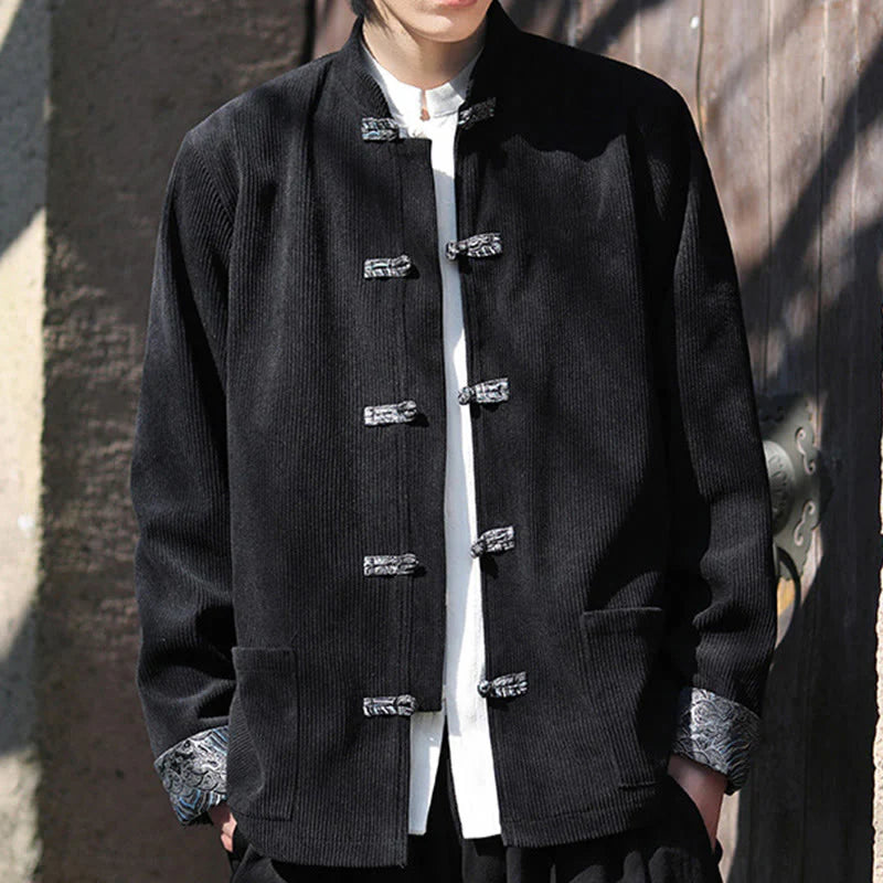 Buddha Stones Spring Jacquard Frog-Button Men's Cotton Corduroy Long Sleeve Jacket With Pockets