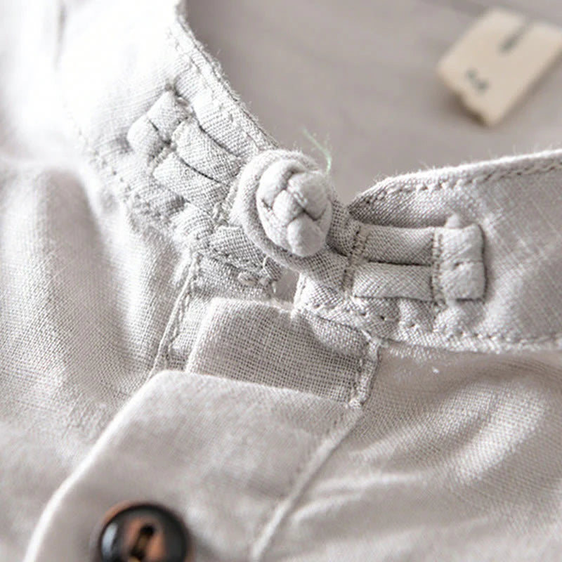 Buddha Stones Solid Color Half Button Design Stand Collar Men's Short Sleeve Cotton Linen Shirt