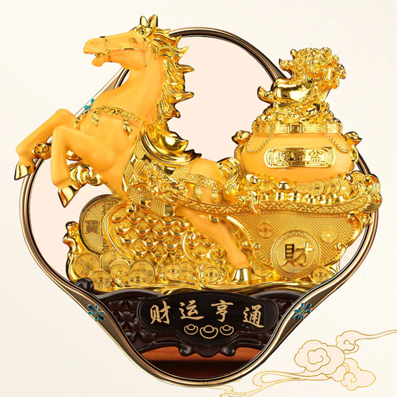 Buddha Stones  Good Fortune Year of the Horse Treasure Bowl Ingots Wealth Resin Home Decoration
