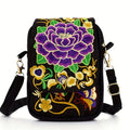Buddha Stones Inula Flower Peony Embroidery Canvas Shopping Purse Handbag Crossbody Bag