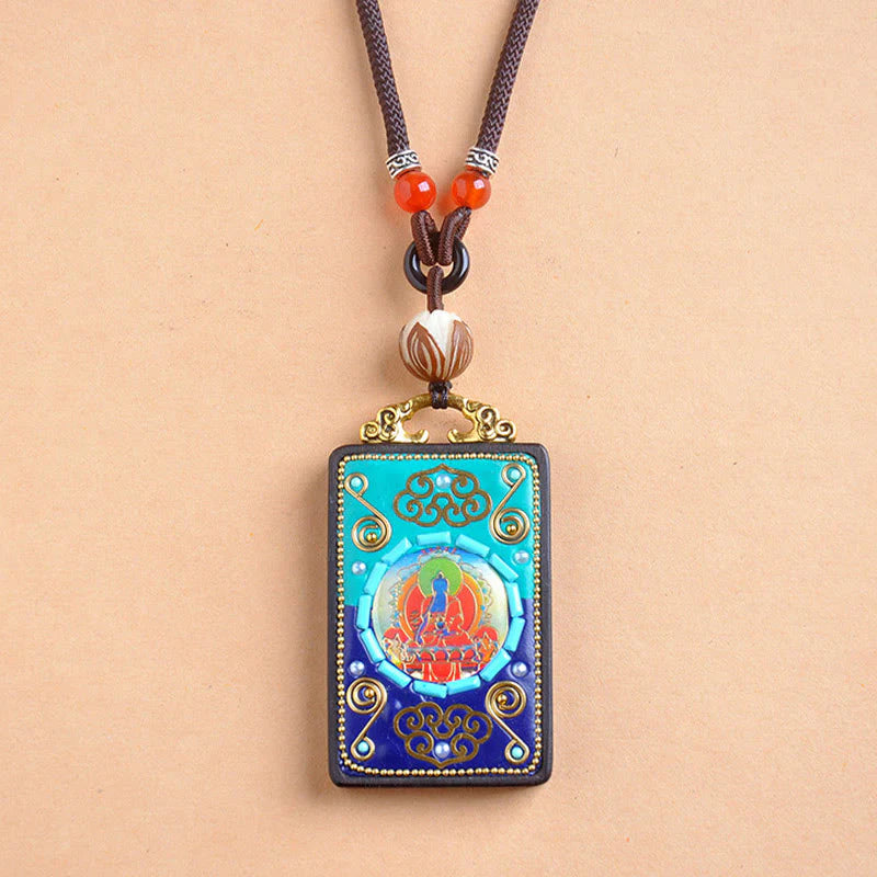 Buddha Stones Medicine Buddha Ebony Wood Peace Necklace Pendant