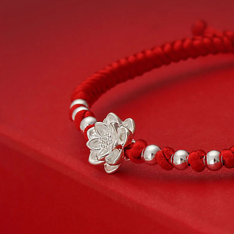 Buddha Stones 999 Sterling Silver Lotus Symbol 990 Sterling Silver Bead Red String Luck Bracelet