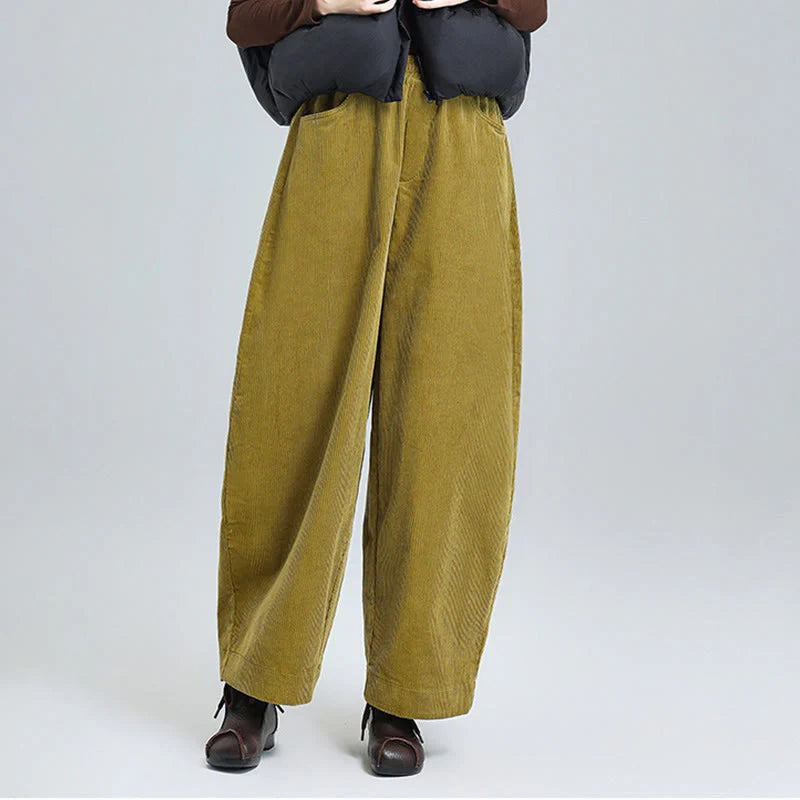 Buddha Stones Women's Fall Plain Ankle-Length Simple Design Corduroy Pants With Pockets