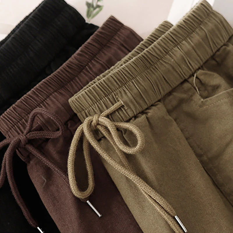 Buddha Stones Vintage Plain Drawstring Button Design Slide Slite Women's Cotton Linen 7-8 Length Skirt With Pockets