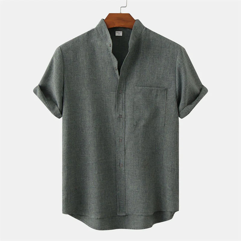 Buddha Stones Summer Men's Button Plain Short Sleeve Cotton Shirt With Pocket
