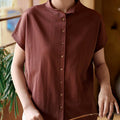 Buddha Stones Vintage Buttons Design Stand Collar Cotton Short Sleeve Women's Shirt
