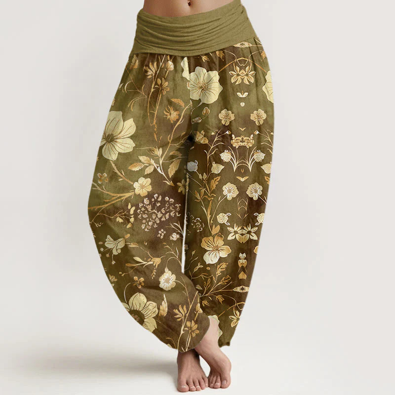 Buddha Stones Cotton White Flowers Winding Vines Pattern Design Women's Elastic Waist Harem Pants