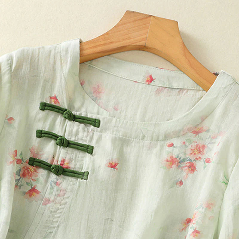 Buddha Stones Plant Printed Crew Neck Frog Button Design Women's Polyester Three Quarter Sleeve Shirt