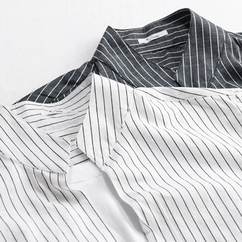 Buddha Stones Fall 2 In 1 Stripes Stand Collar Long Sleeve Men's Cotton Shirt