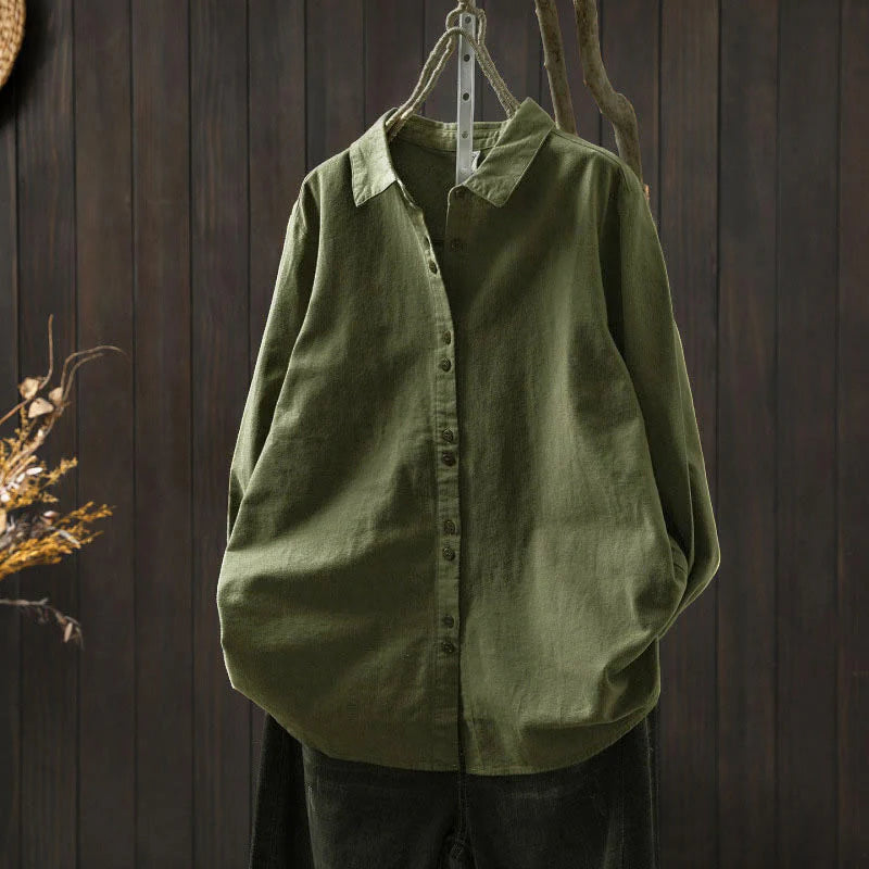 Buddha Stones Fall Solid Color Button Down Stand Collar Long Sleeve Women's Cotton Shirt