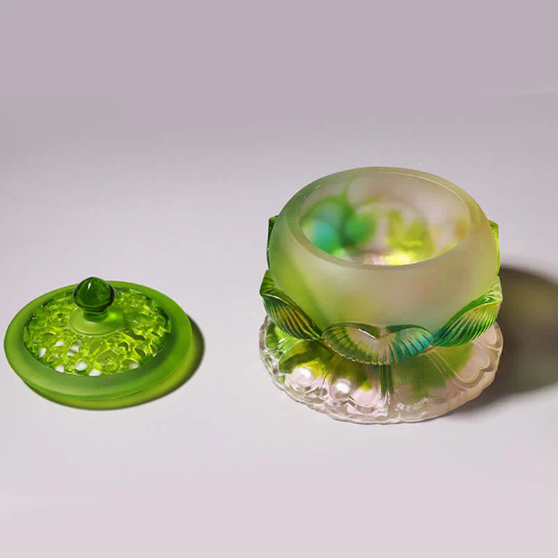 Buddha Stones Feng Shui Lotus Handmade Liuli Crystal Art Piece Home Office Offering Decoration