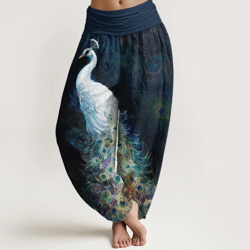 Buddha Stones Pure Cotton Gorgeous Peacock Pattern Women's Elastic Waist Harem Pants