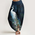 Buddha Stones Pure Cotton Gorgeous Peacock Pattern Women's Elastic Waist Harem Pants