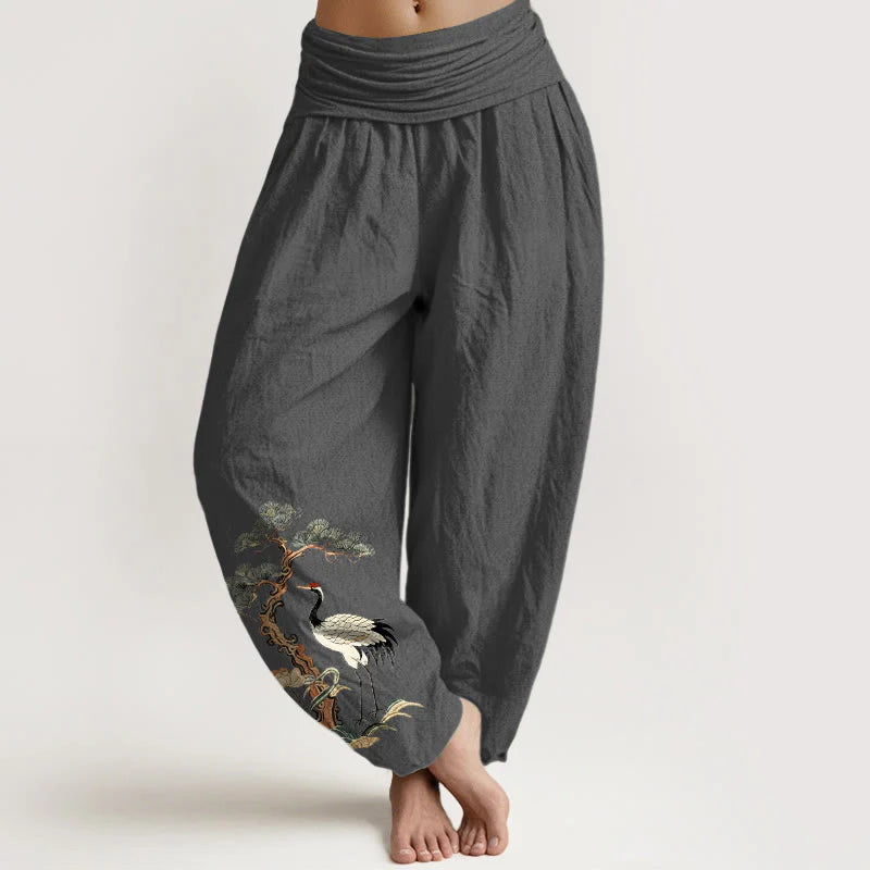 Buddha Stones Pure Cotton Crane Pine Tree Flower Grass Pattern Women's Elastic Waist Harem Pants