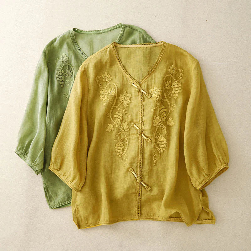 Buddha Stones Embroidered Grapes Pattern Lace Design Frog-Button Three Quarter Sleeve Women's Cotton Shirt
