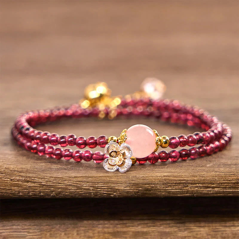 Buddha Stones Natural Flower Garnet Pink Crystal Calm Double Wrap Bracelet