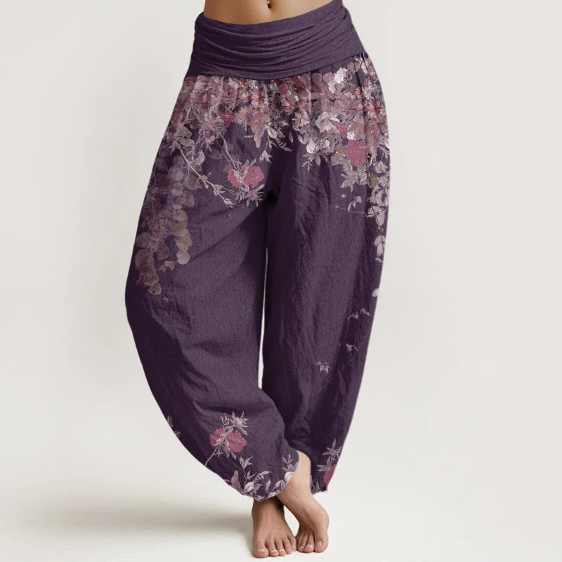 Buddha Stones Cotton Casual Red Peony Flower Vine Design Women's Elastic Waist Harem Pants