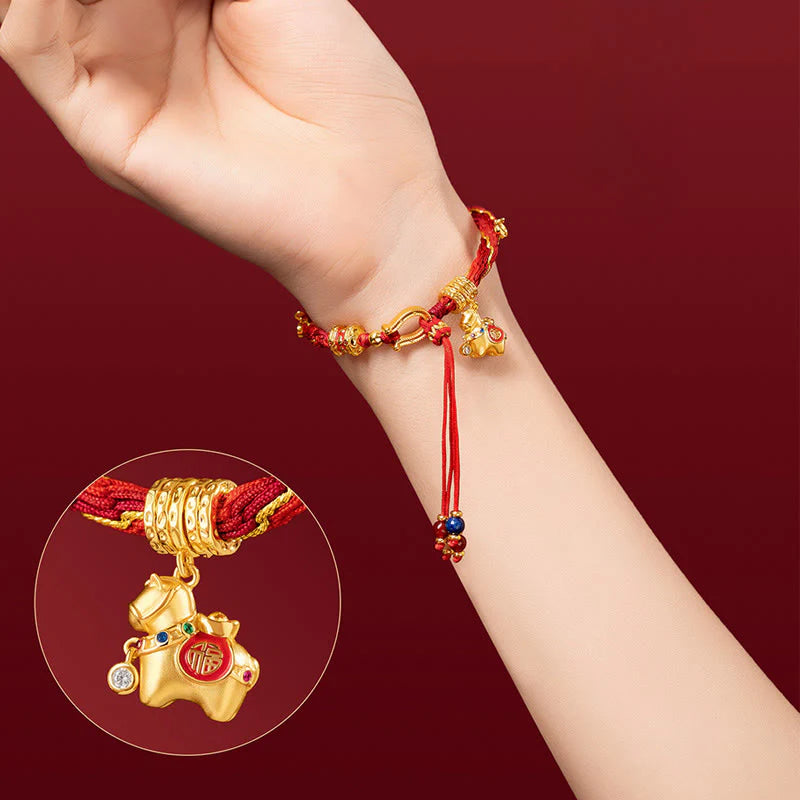 Buddha Stones Copper Plated 18k Gold Year Of The Horse Fu Character Red String Luck Braided Bracelet