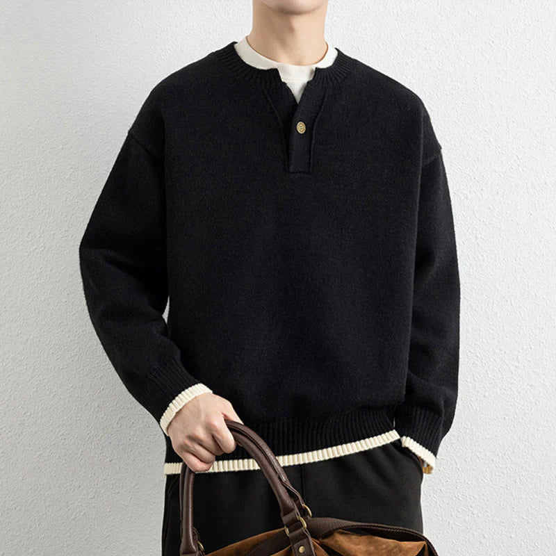 Buddha Stones Winter V-Neck One Button Design Warm Men's Long Sleeve Knitted Sweater