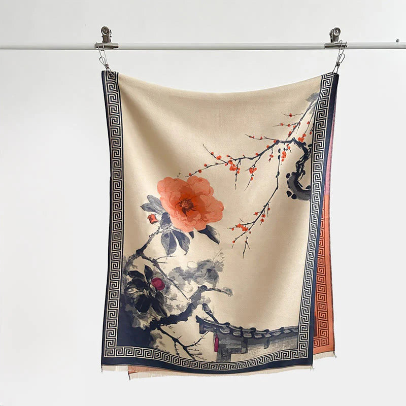 Buddha Stones Fall Plum Blossom Eaves Ink Painting Pattern Cozy Scarf Shawl
