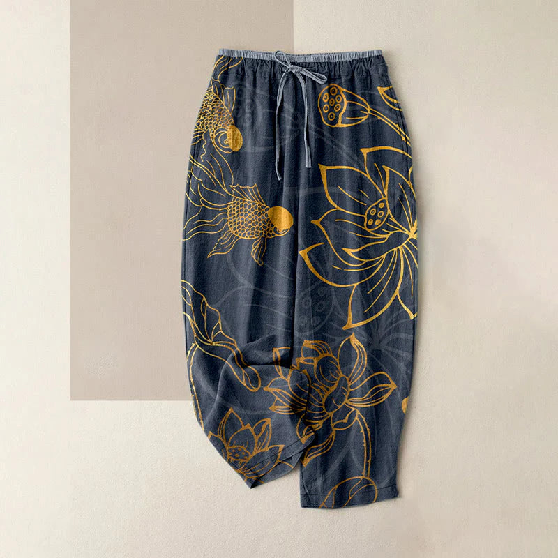 Buddha Stones Cotton Casual Lotus Leaf Koi Fish Pattern Women's Elastic Waist Pants With Pockets
