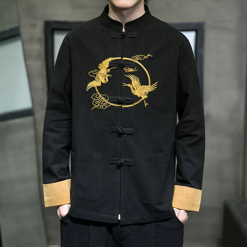 Buddha Stones Embroidery Cranes Pattern Frog-Button Men's Cotton Long Sleeve Jacket With Pockets