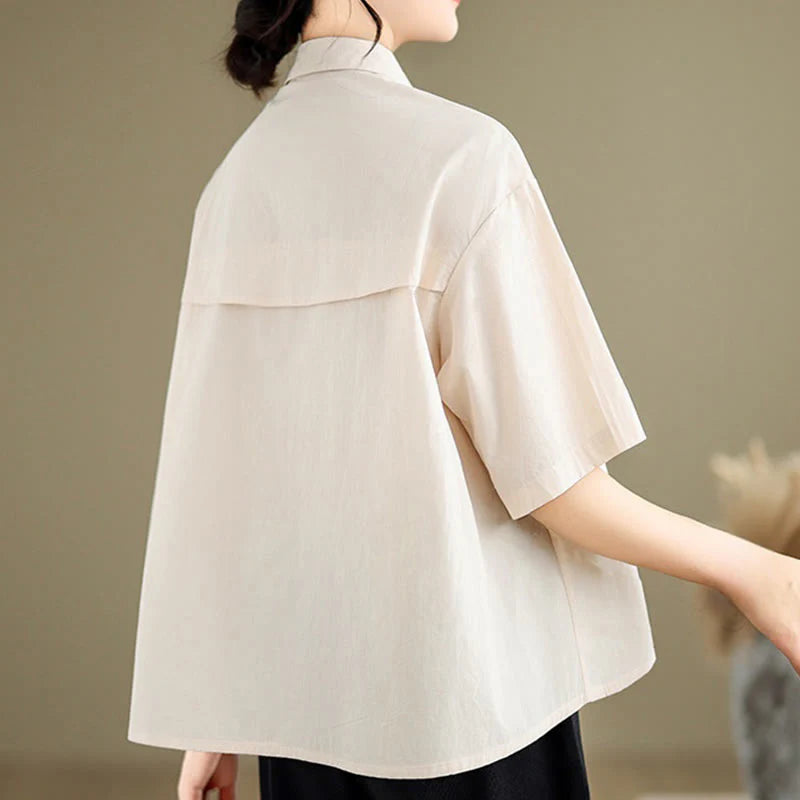 Buddha Stones Casual Women's Embroidered Jellyfish Pattern Stand Collar Buttons Design Half Sleeve Cotton Shirt