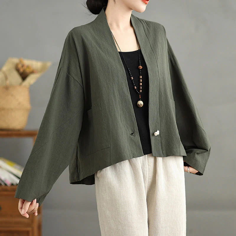 Buddha Stones Casual Vintage Plain Long Sleeve Open Front Cardigan Cotton Linen Jacket With Pockets