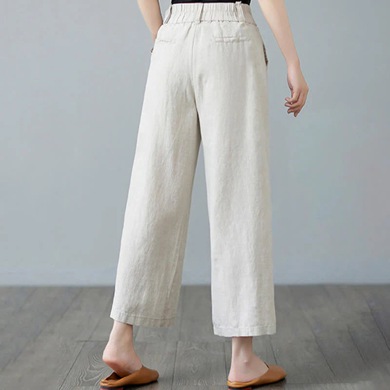 Buddha Stones Daily Solid Color Patchwork Simple Design Cotton Linen Women's Pants With Pockets