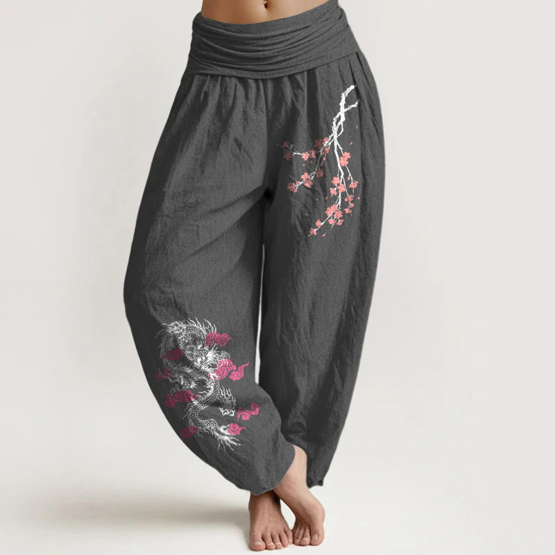 Buddha Stones Dragon Auspicious Clouds Flower Pattern Women's Elastic Waist Harem Cotton Pants