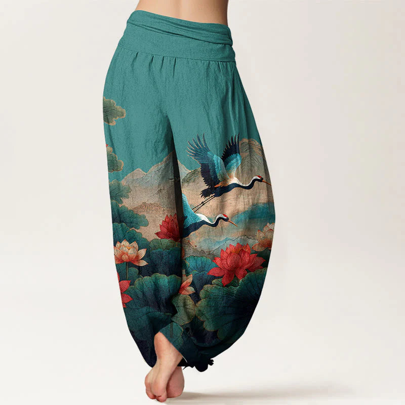 Buddha Stones Cotton Classical Lotus Flower Leaf Crane Mountain Pattern Women's Elastic Waist Harem Pants