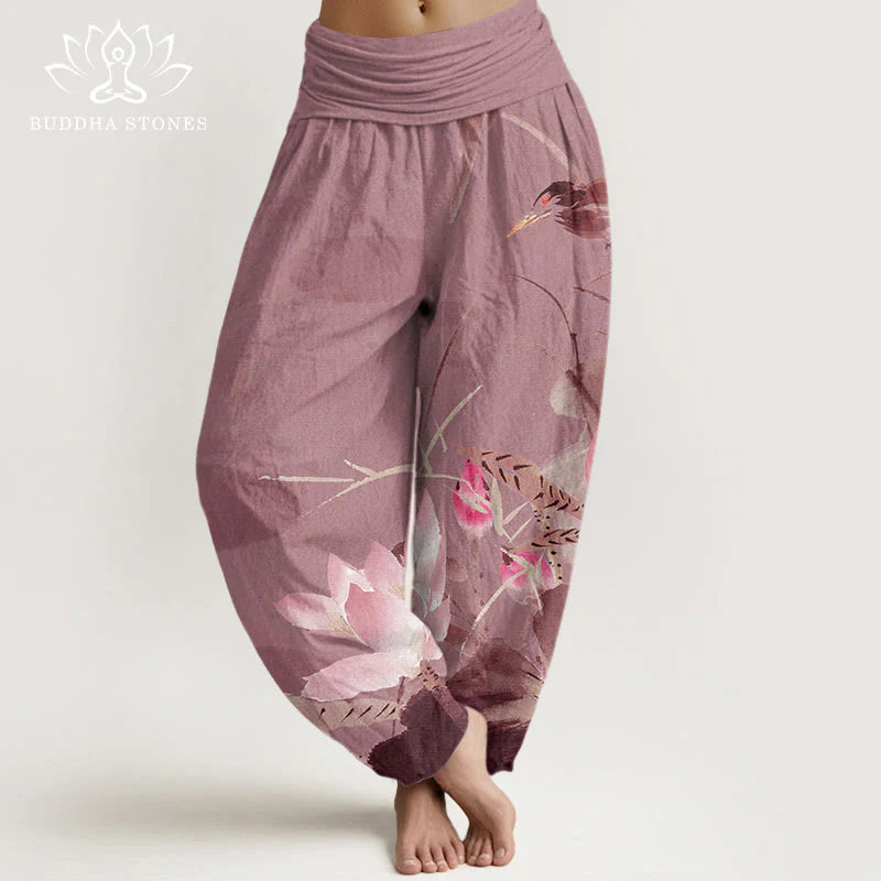 Buddha Stones Cotton Pink Lotus Leaves Bird Pattern Women's Elastic Waist Harem Pants