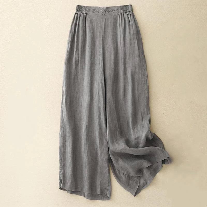 Buddha Stones Geometric Embroidery Elastic Waist Women's Cotton Linen Wide Leg Pants With Pockets